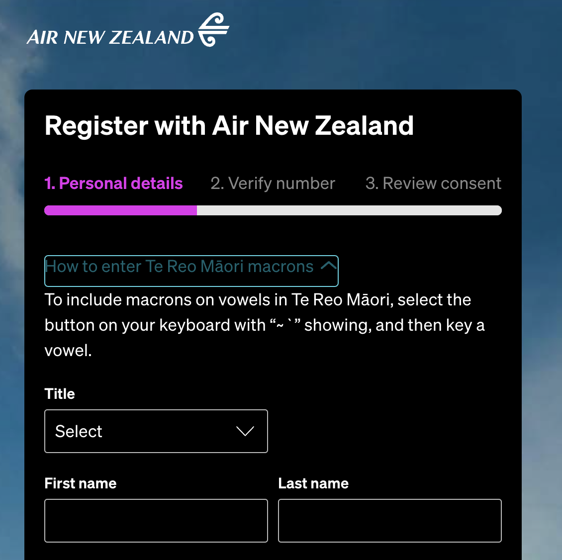 Screenshot of Air New Zealand's register account page, with instructions included for entering tohutō.