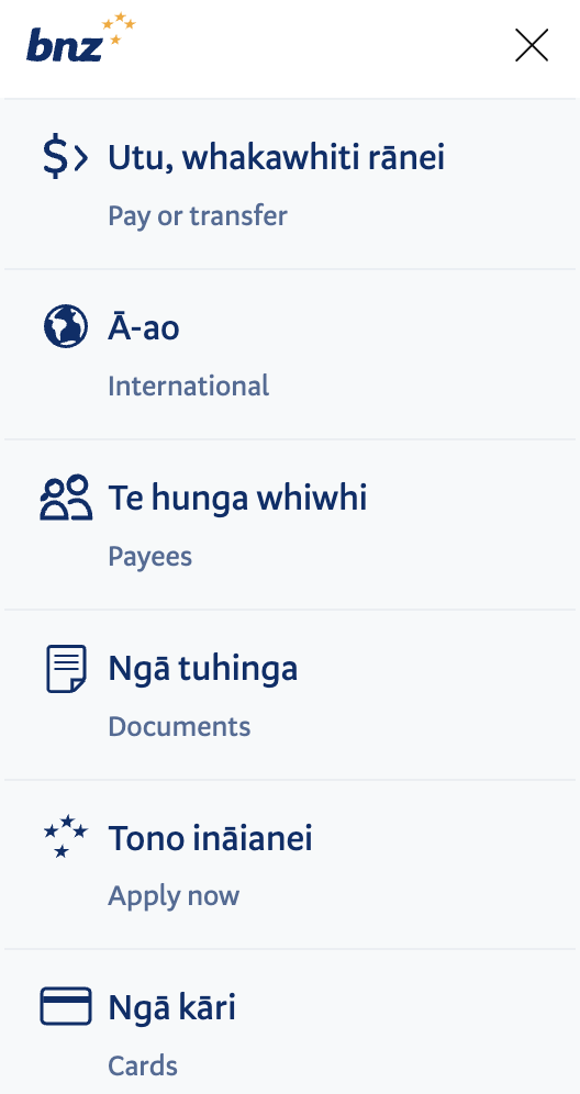 Screenshot of BNZ's online banking app, using the Learning te reo Māori feature, which shows terms in both languages to help learners.