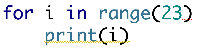 The image shows Python code with 'for i in range(23)' on the first line with a red underline under the final character