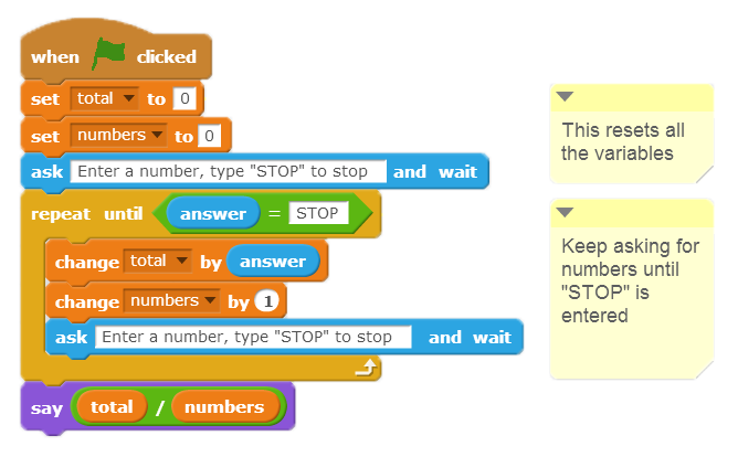 This image shows a Scratch program that asks the user to enter numbers until they type stop and then computes the average of the numbers given.