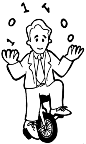 Cartoon of Claude Shannon juggling and riding a unicycle.
