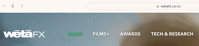Screenshot of wetafx.co.nz, which has both wētāFX (on the webpage) and wetafx (in the url).